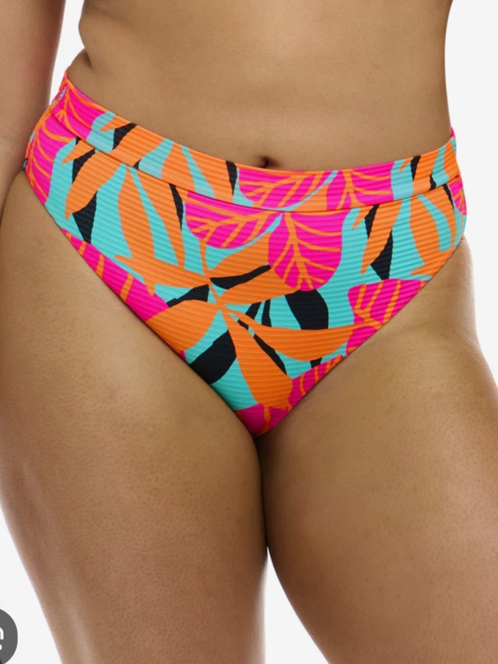 Body Glove High-Rise Marlee Bikini Bottom in Hot Pink, Orange & Aqua Leaf Print